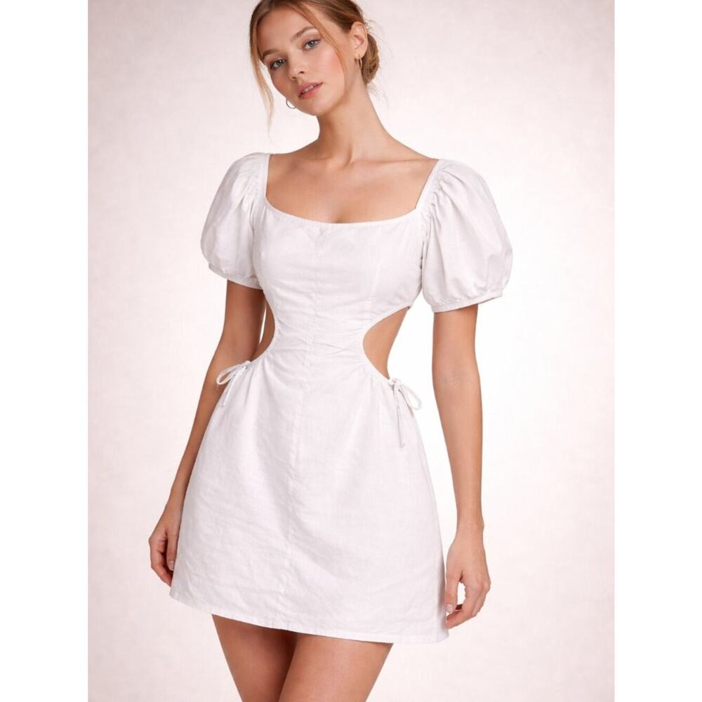 Sabo Skirt Linen Blend Cutout Mini Dress White Puff Sleeve Size M Y2K‎